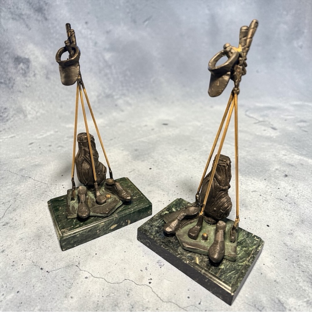 Vintage Set of Brass/Marble Golfer Sculpture Bookends (EUC)
